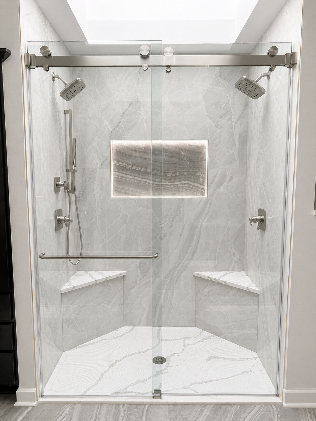 Marble finish quartz shower pan installed